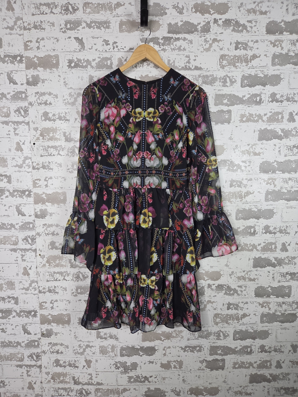 VENUS Black Floral Butterfly Sheer Chiffon Ruffle Mini Dress Long Sleeve 2